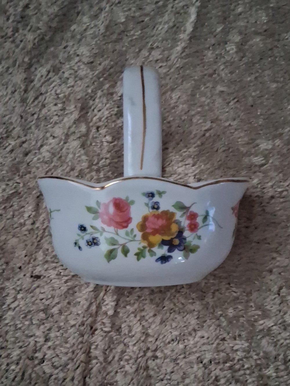 White Floral Porcelain Hanging Basket with Gold Trim